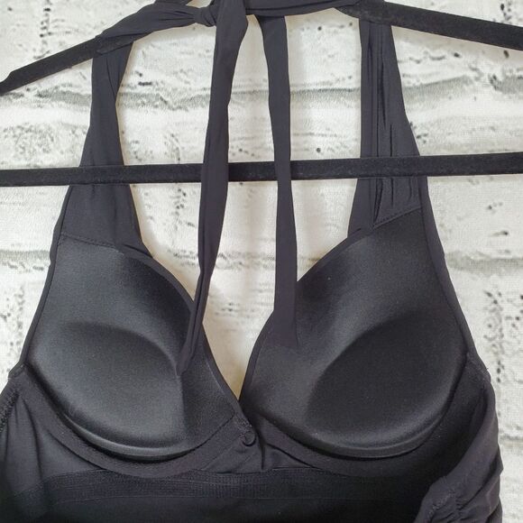 Natori Black one piece Ruched plunge Bathing Suit size 8 b/c halter top - Picture 3 of 10